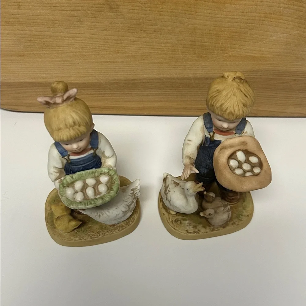 Denim Days by HOMCO porcelain figurine set. “GATHERING EGGS”